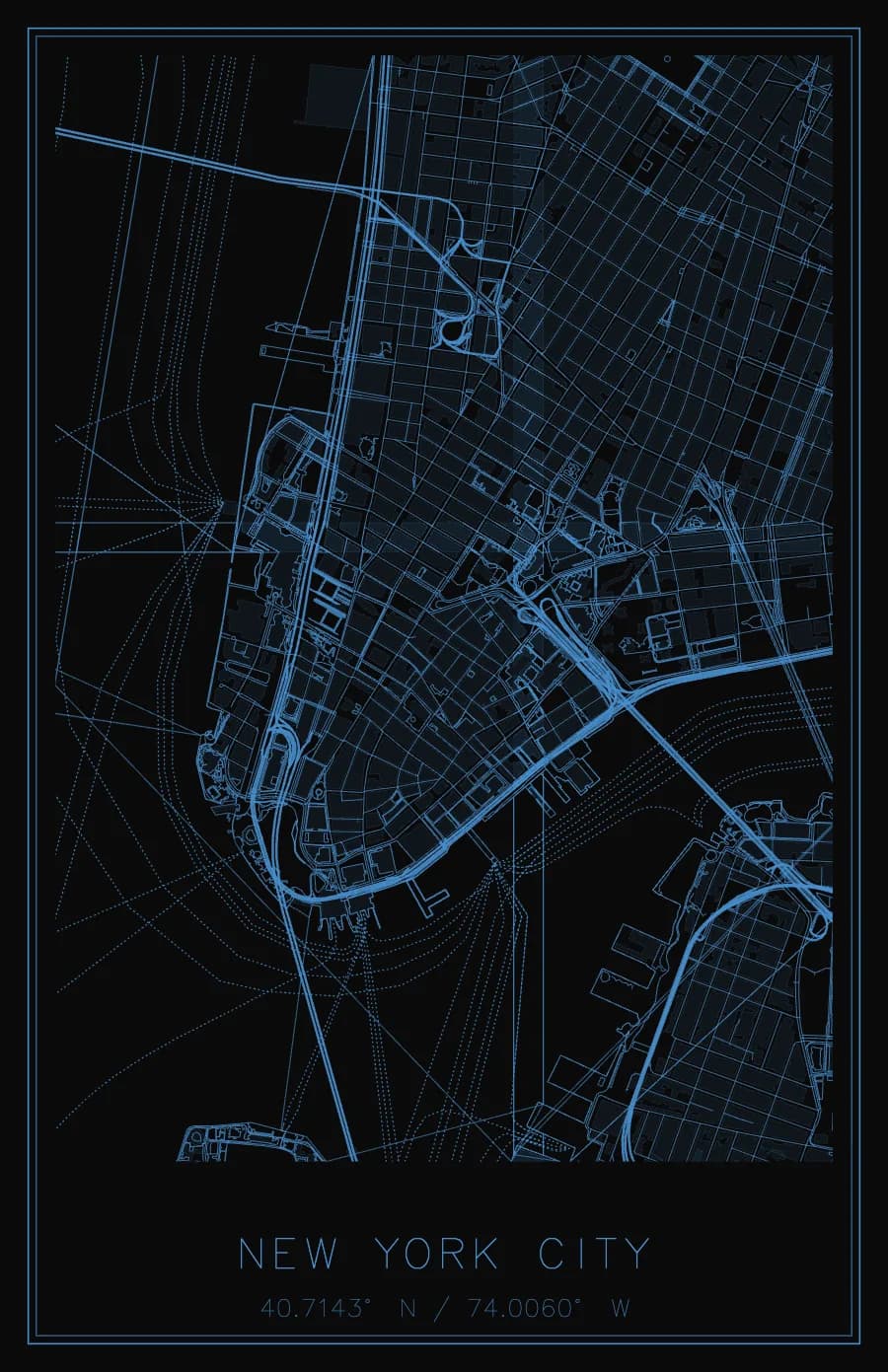 Carte personnalisée de New York tracée à l'encre bleue avec coordonnées sur mesure